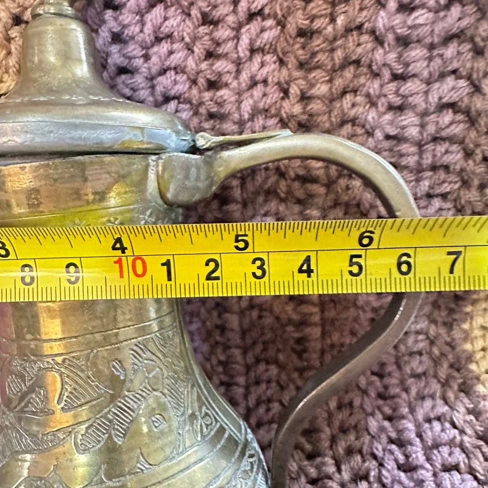 Vintage Brass Dallah Arabian Coffee Pot Hand Etched Middle Eastern 7.5in